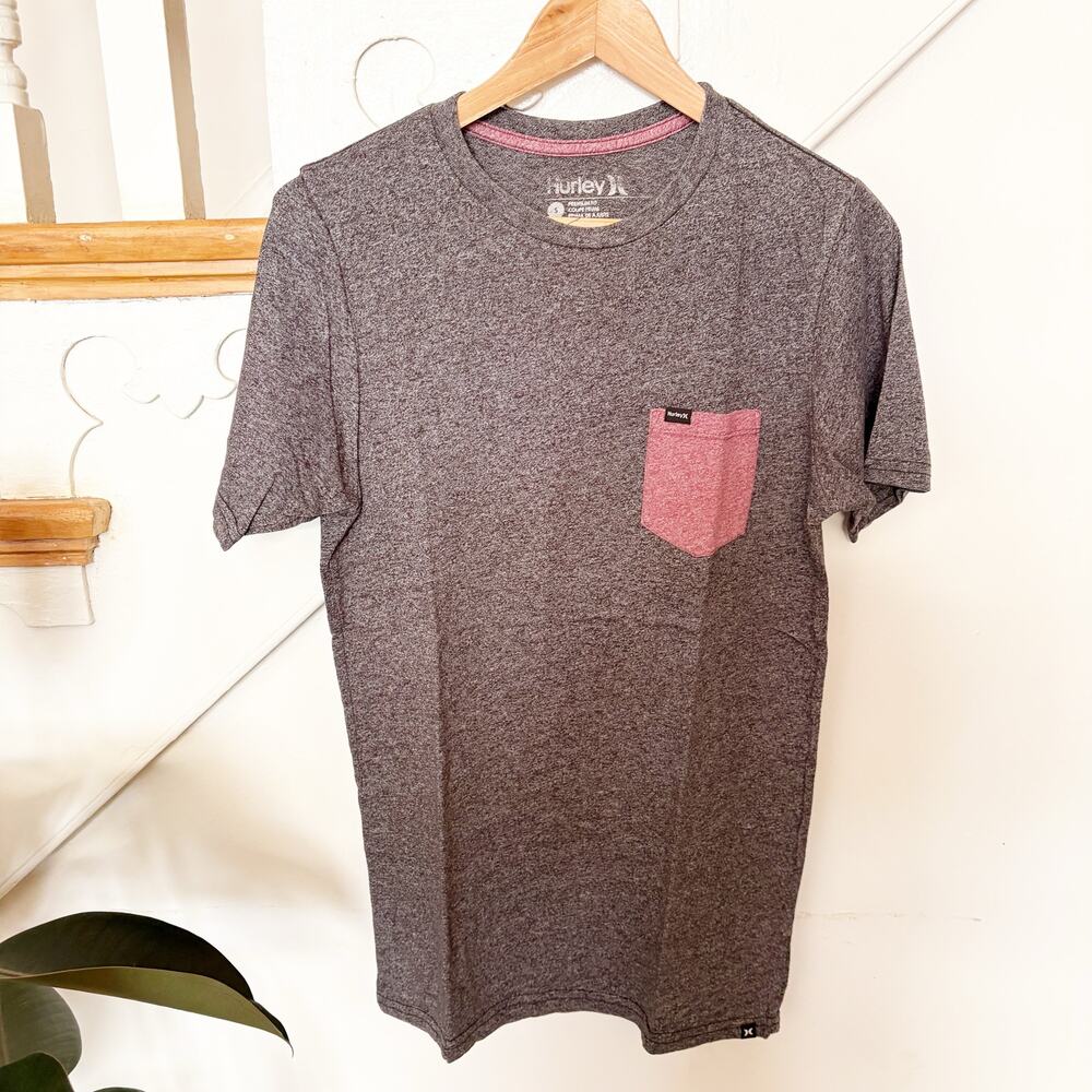 Hurley Pocket T-Shirt Heather Gray Cotton Blend Contrast Trim Size S Small